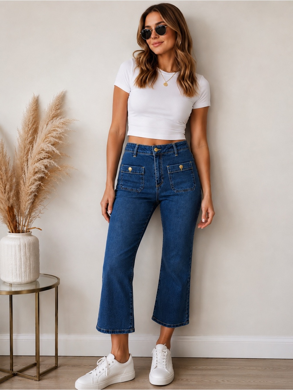 Michael Kors High Rise Front Patch Pocket Cropped Sailor Flare Jeans